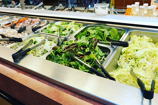 A counter or table in a restaurant or supermarket